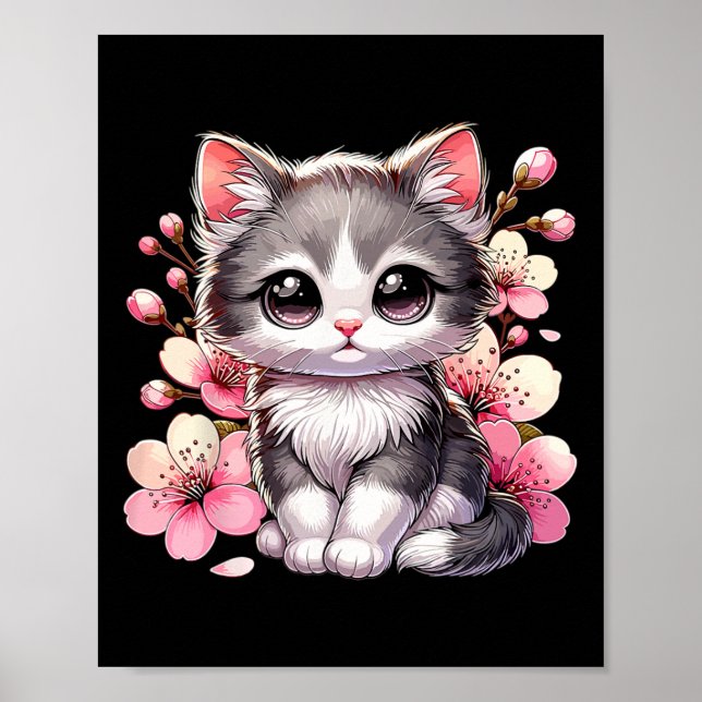 Poster Gato Bonito Com Gato De Blossomo De Cereja (Frente)