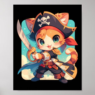 Poster Gato Bonito Como Anime Kawaii Pirata