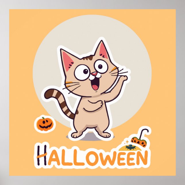 Poster Gato bonito e Dia de as Bruxas engraçado com abóbo (Frente)