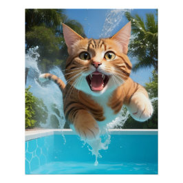 Póster Gato Bonito Nadando Engraçado na Piscina