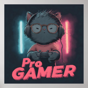 Poster Gato Bonito "Pro Gamer" com Fones de ouvido