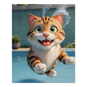 Póster Gato Bonito Voando Nadando Engraçado na Piscina