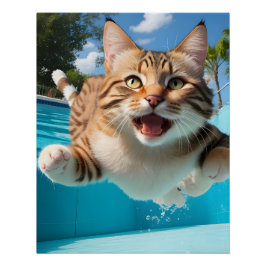 Póster Gato Bonito Voando Nadando Engraçado na Piscina