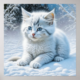 Poster Gato Branco Bonito Brincando na Neve