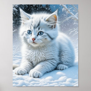 Poster Gato Branco Bonito Brincando na Neve