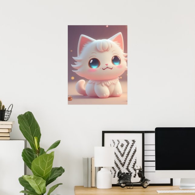 Poster Gato Branco Bonito Kawaii Fluffy (Escritório em casa)