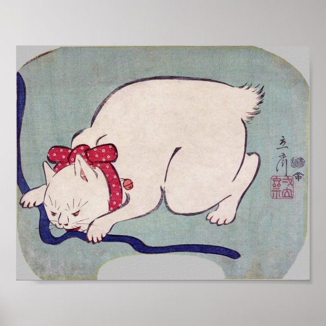 Poster Gato Branco brincando com uma corda, Hiroshige (Frente)