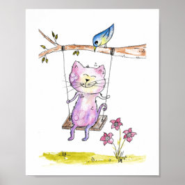 Poster Gato Branco Cinto-Rosa em Swing
