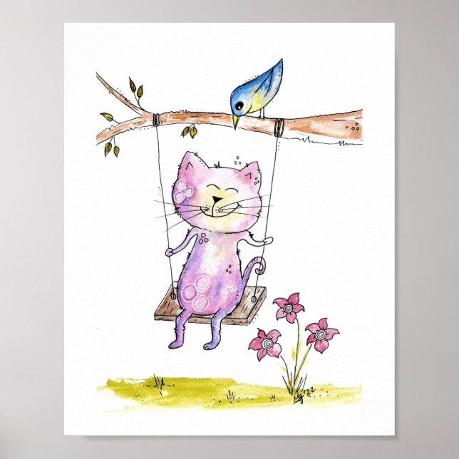 Poster Gato Branco Cinto-Rosa em Swing (Frente)