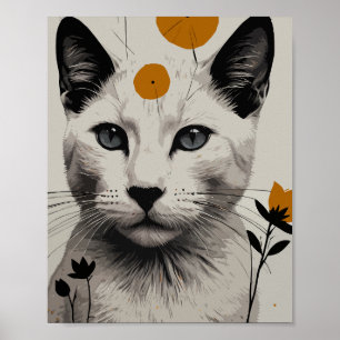 Poster Gato Branco com Elementos Florais
