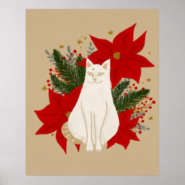 Poster Gato branco com folhagem de natal - clássico
