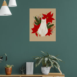 Poster Gato branco com folhagem de natal - clássico