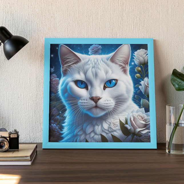 Póster Gato Branco com Olhos Azuis Brilhantes Floral  (Criador carregado)