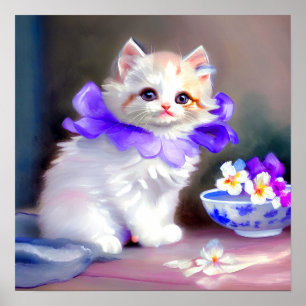 Poster Gato branco com pintura de colarinho de flores rox