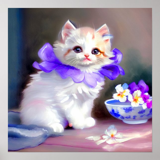 Poster Gato branco com pintura de colarinho de flores rox (Frente)