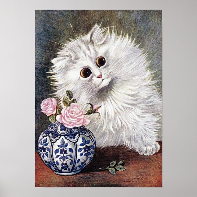 Poster Gato Branco com Rosas Rosa, Louis Wain (Frente)
