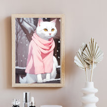 Gato Branco com Roupa Rosa Arte de Parede de Mangá