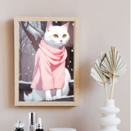 Poster Gato Branco com Roupa Rosa Arte de Parede de Mangá