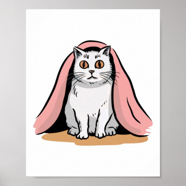 Poster Gato Branco Debaixo de um Lençol Rosa Adesivo  (Frente)