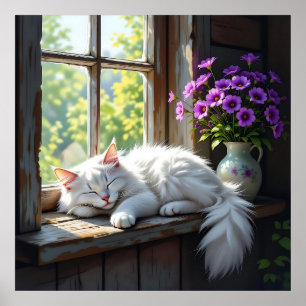 Poster Gato Branco Dormindo e Flores Roxas 