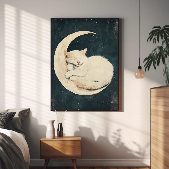 Poster Gato Branco Dormindo na Lua Crescente - Noite Sonh (Criador carregado)