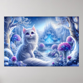 Poster Gato Branco Elegante em um Realm Mágico de Neve