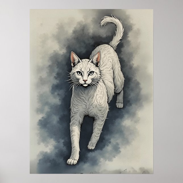 Poster Gato Branco em Estilo de Desenho a Tinta Chinesa (Frente)