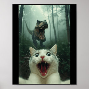 Poster Gato Branco Engraçado Selfie Com Dinossauro T-rex,