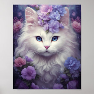 Poster Gato Branco Fantasia com Flores