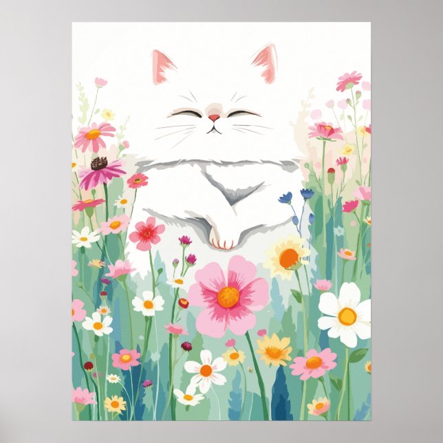 Poster Gato branco fluffy em prado de flor silvestre, flo (Frente)