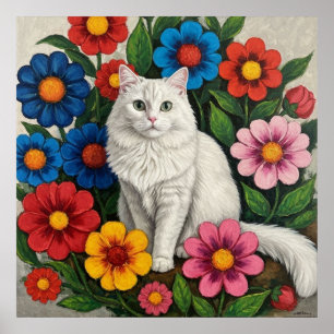Poster Gato Branco Fofinho e Flores da Arte Popular