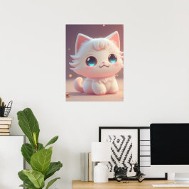 Poster Gato Branco Fofo Kawaii
