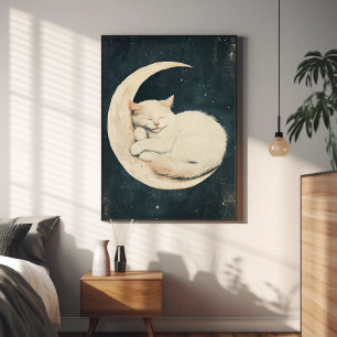Poster Gato Branco Gelado Dormindo na Lua