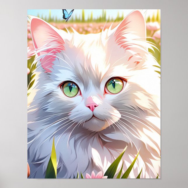 Poster Gato Branco na Arte AI de Campo Flor (Frente)