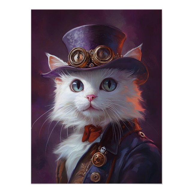 Póster Gato Branco na fantasia Steampunk (Frente)
