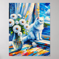 Gato Branco na Janela ainda olhando para o Oceano