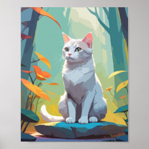 Poster Gato branco sentado numa pedra na floresta