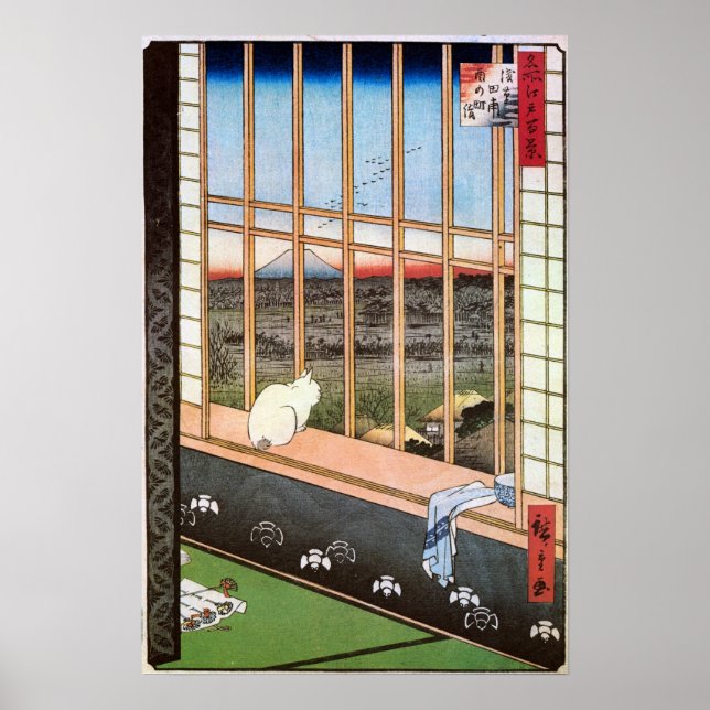 Póster Gato branco sentado pela janela, Utagawa Hiroshige (Frente)