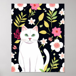 Poster Gato branco sorrindo em meio a flores padrão sem c