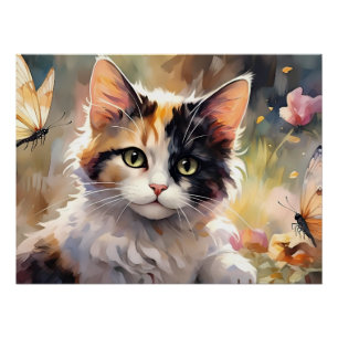 Póster Gato Calico e Borboletas no Jardim de Primavera