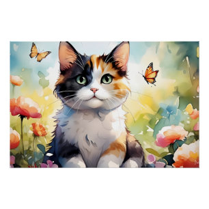 Póster Gato Calico no Jardim de Primavera com Borboletas