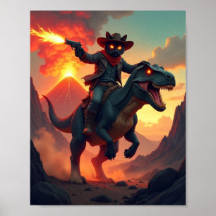 Poster Gato Caubói Épico Montando Dinossauro   Ficção Cie