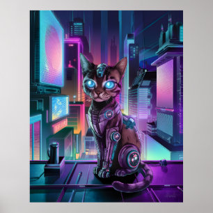 Poster Gato Cibernético - Companheiro de IA Neon City