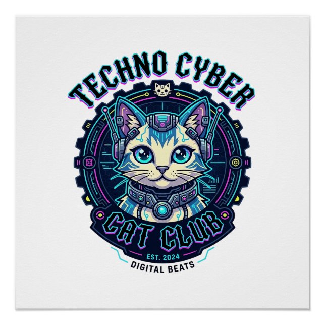 Póster Gato Cibernético Techno Design Divertido Amante de (Frente)