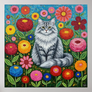 Poster Gato Cinza Listrado Fofo com Flores da Arte Folcló