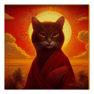 Póster Gato Cinza Vestindo Robe Fashion Em Cena Do Pôr Do