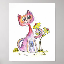 Poster Gato Cinzento Branco Cinto com Flores Amarelas
