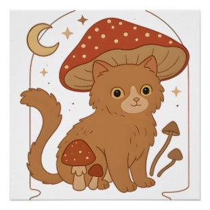 Póster Gato Cogumelo Cottagecore com Chapéu � Estética Vi