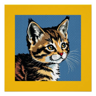 Póster Gato colorido com azul e amarelo