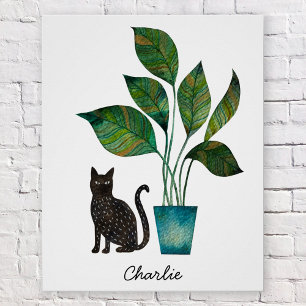 Póster Gato com Aquarela Vegetal Personalizada